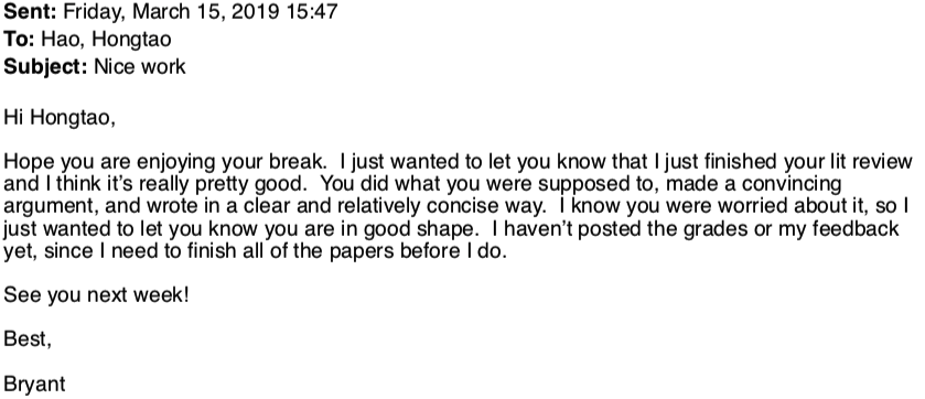 一次作业完成后，Bryant 老师发给我的鼓励邮件
